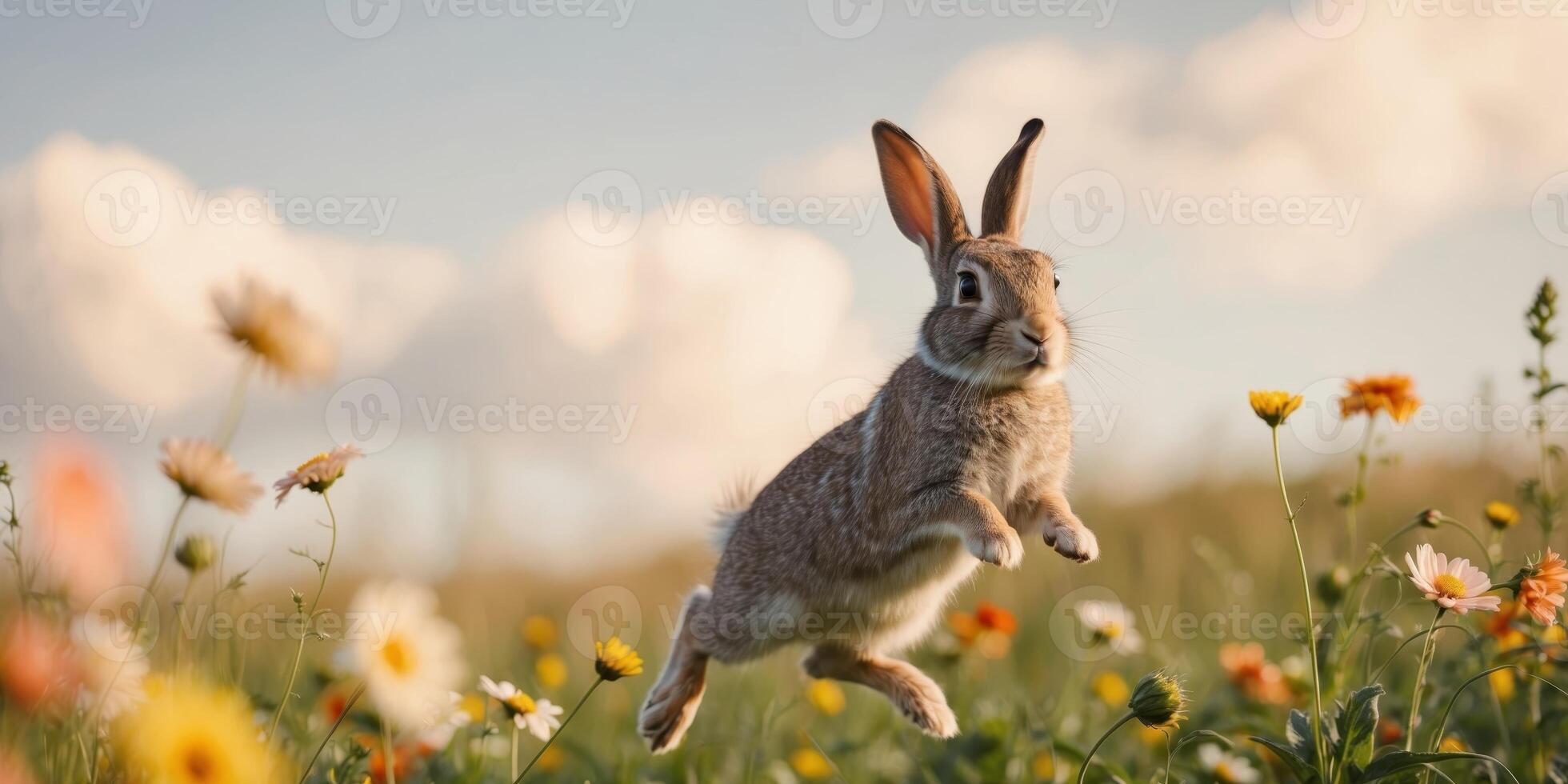 Bouncing rabbit in a field of wildflowers photo