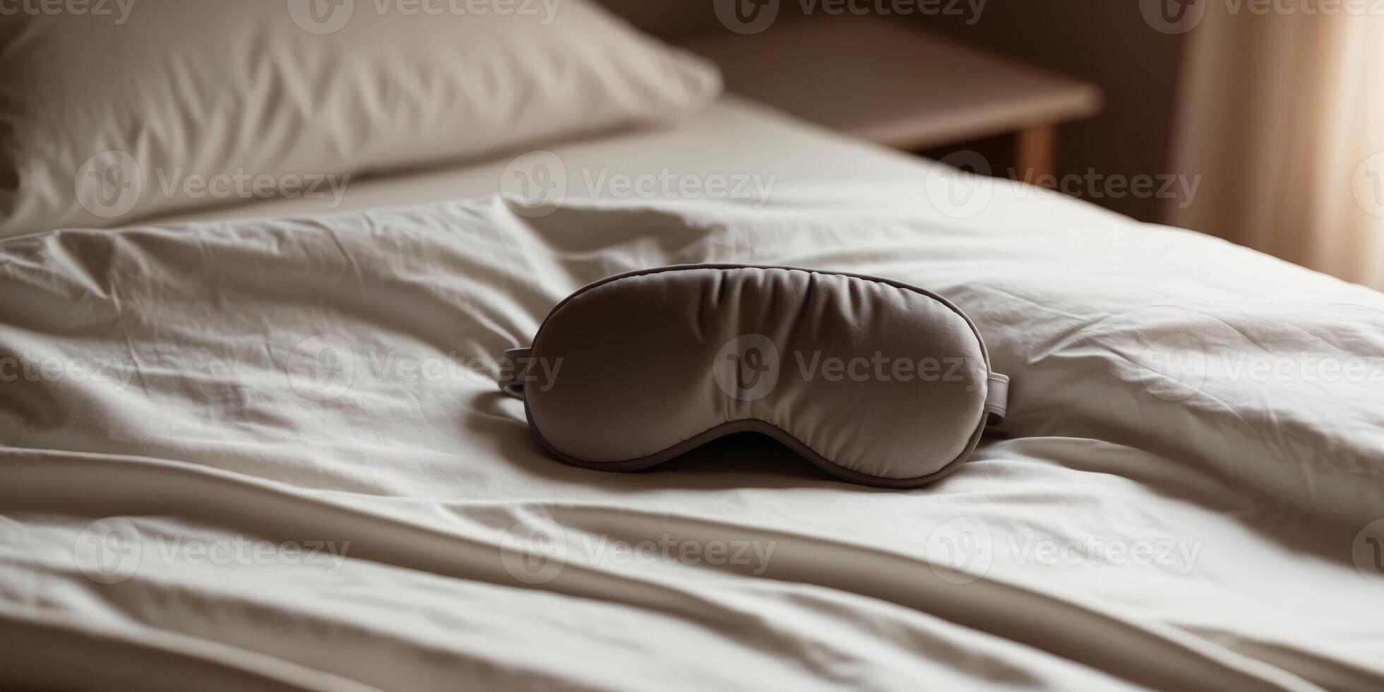 A white sleep mask is sitting on top of a bed photo
