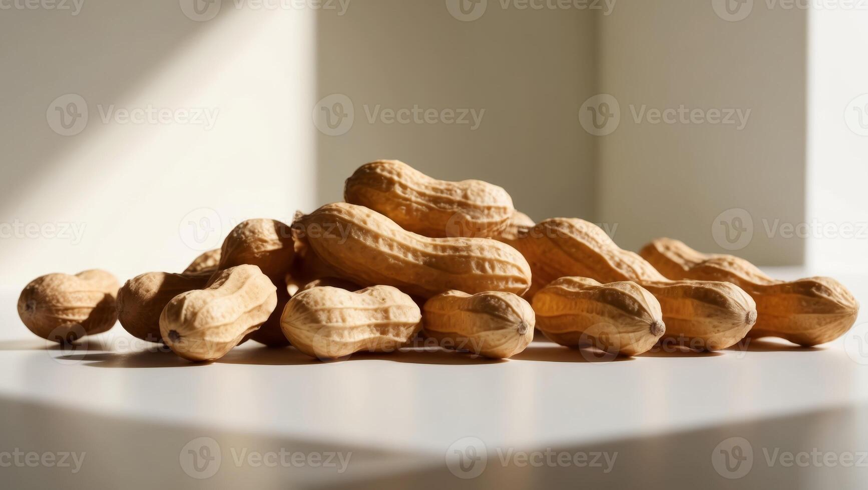 Peanuts are piled up on a table photo