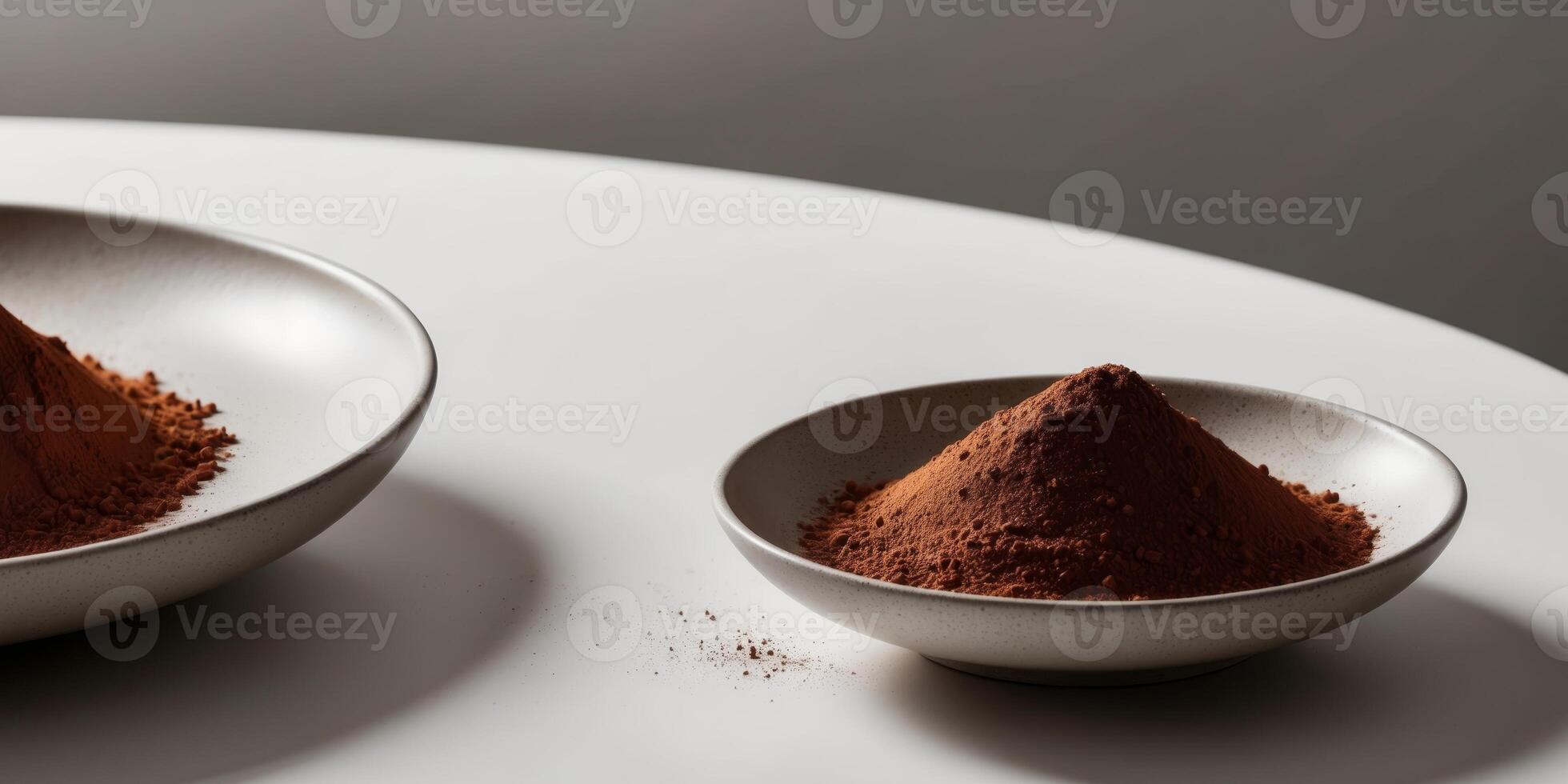 Two bowls of cocoa powder sit on a white table photo