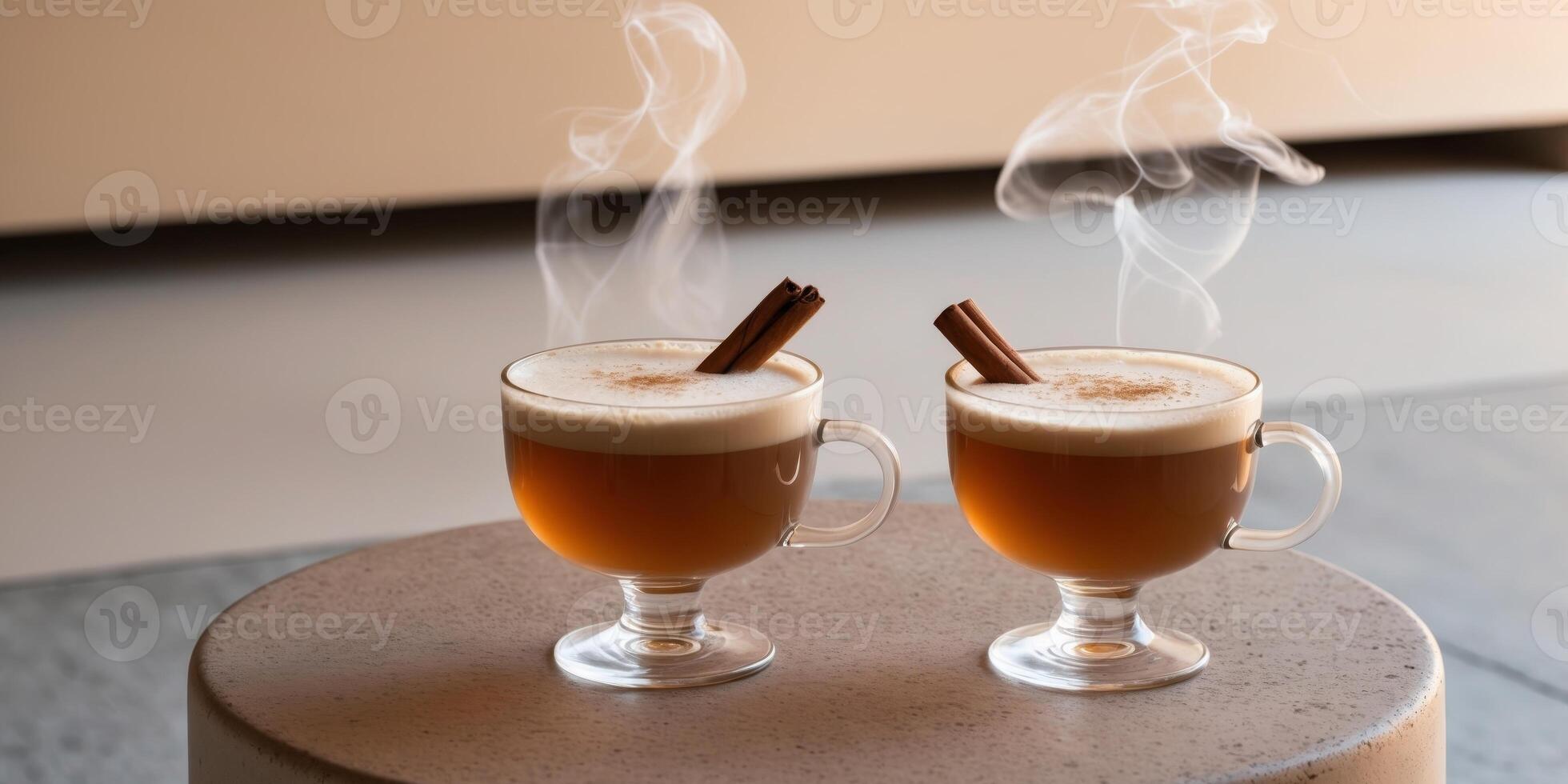 Two glasses of hot drink with cinnamon sticks photo