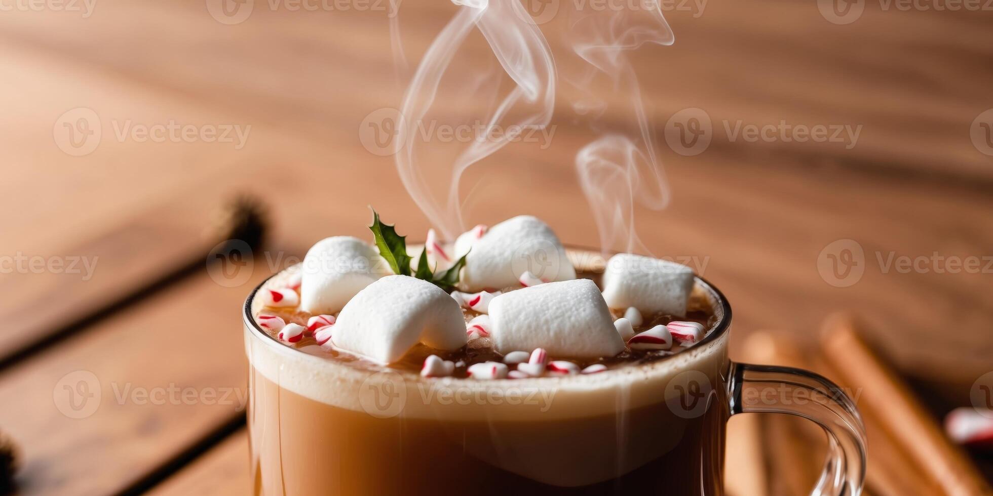 Hot chocolate with marshmallows and cinnamon on a wooden table photo