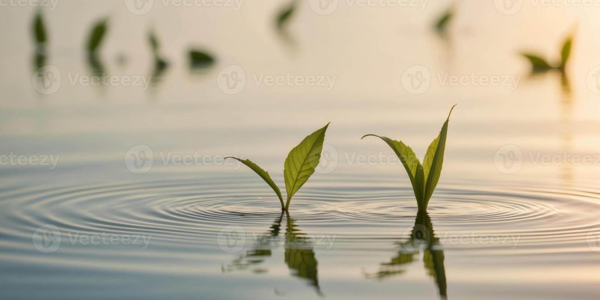Two plants growing in water with the sun setting behind them photo