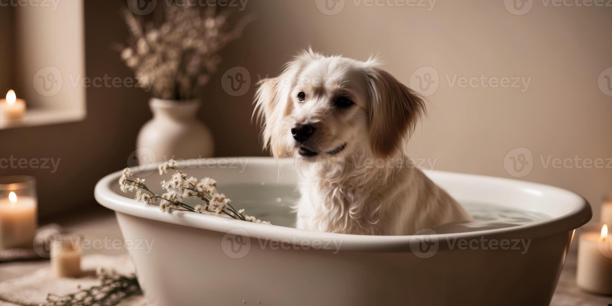 A dog is sitting in a bathtub with candles photo
