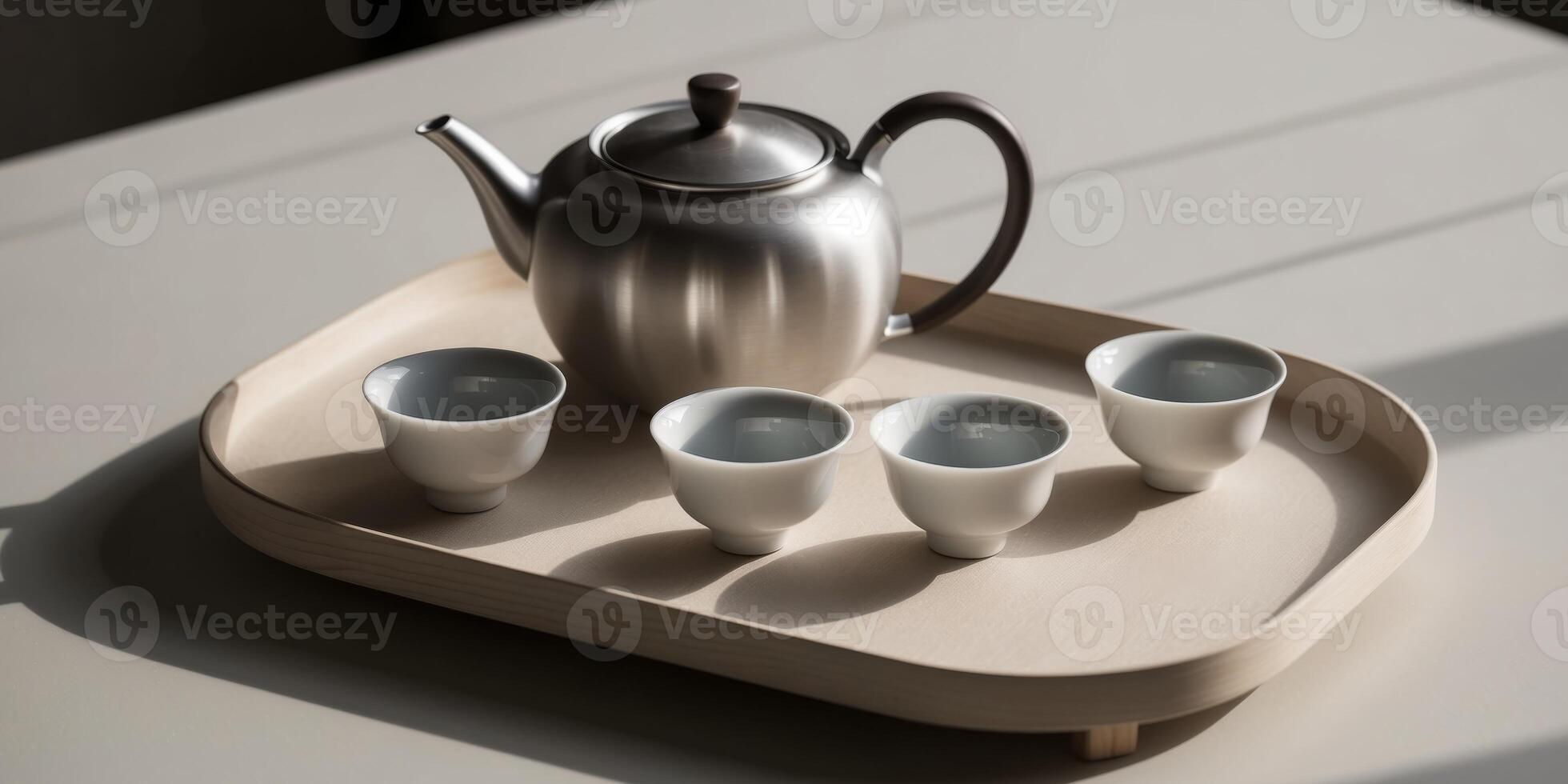 A tray with four cups and a tea pot on it photo