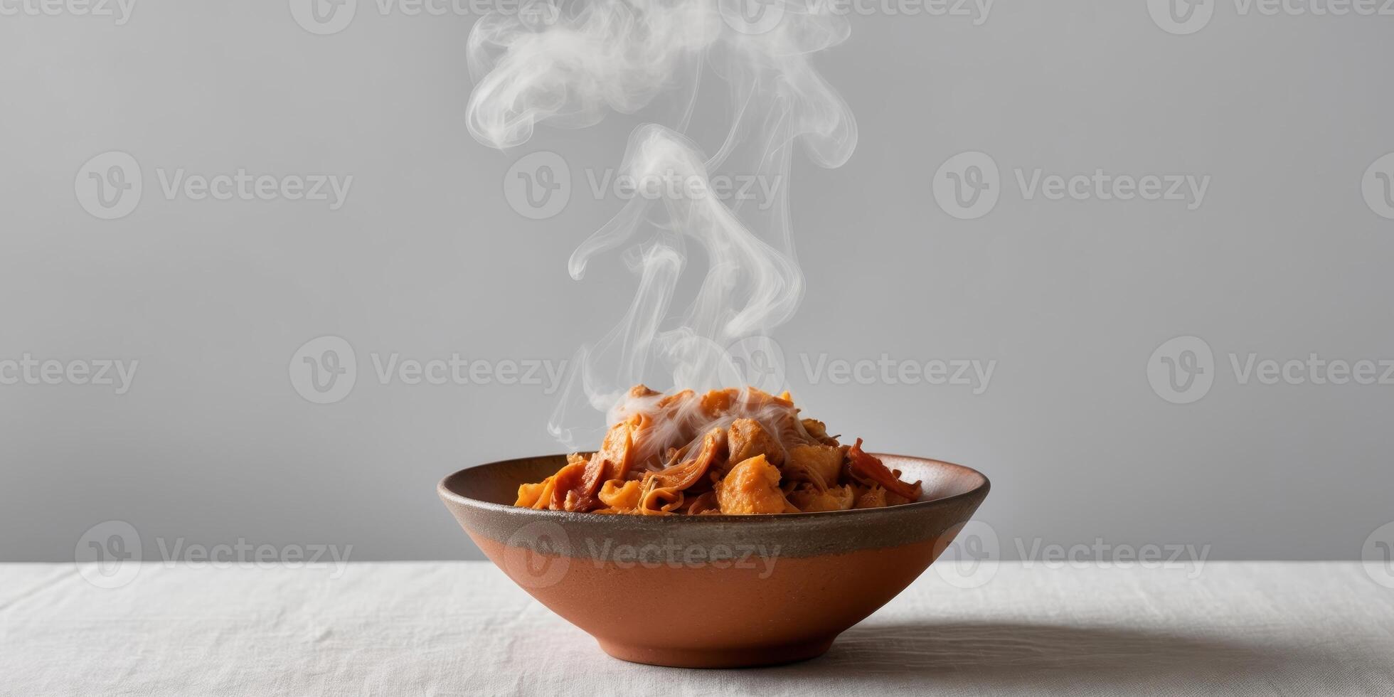 A bowl of food is steaming and has a lot of smoke coming out of it photo