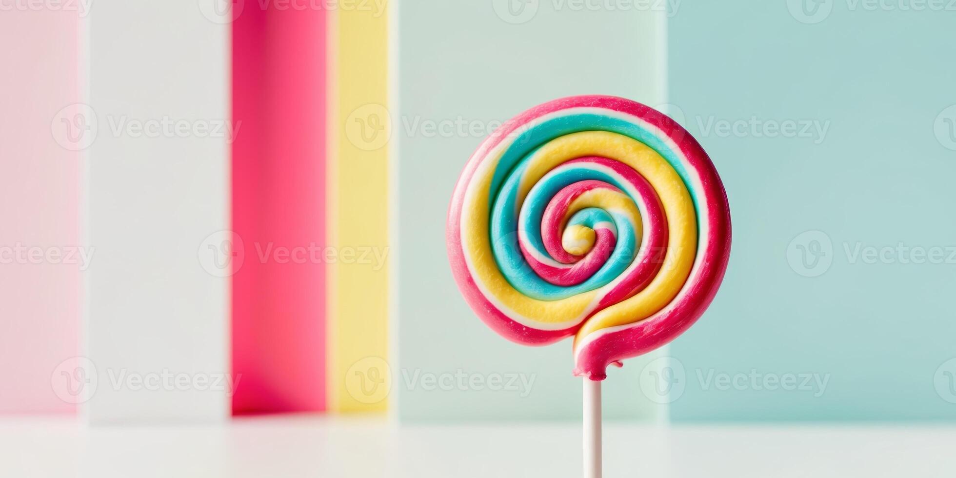 Colorful spiral lollipop on a stick in bright hues photo
