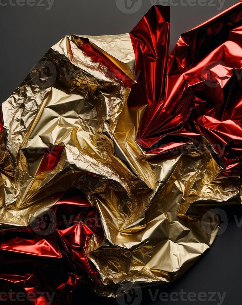 Crumpled Metallic Foil Texture Background - Abstract Gold and Red photo