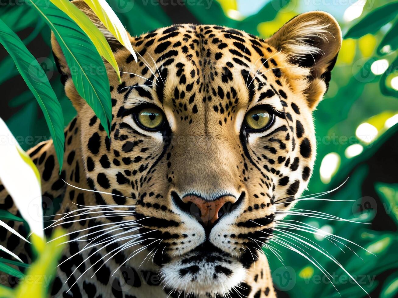 close up of a leopard hiding in the jungle photo