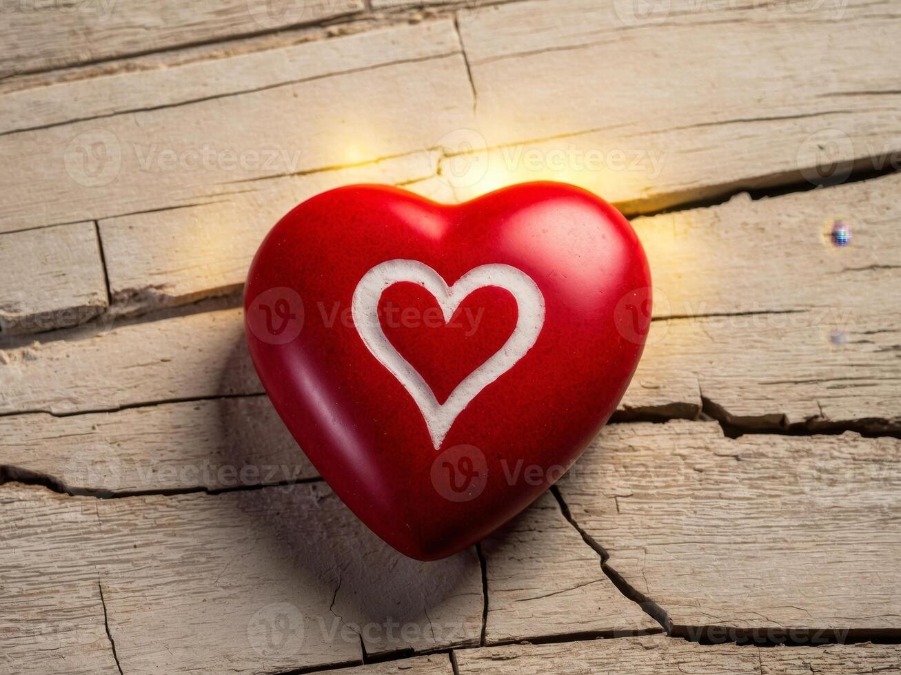 Red Heart Shaped Stone with White Heart Design on Rustic Wooden Background - Symbol of Love and photo