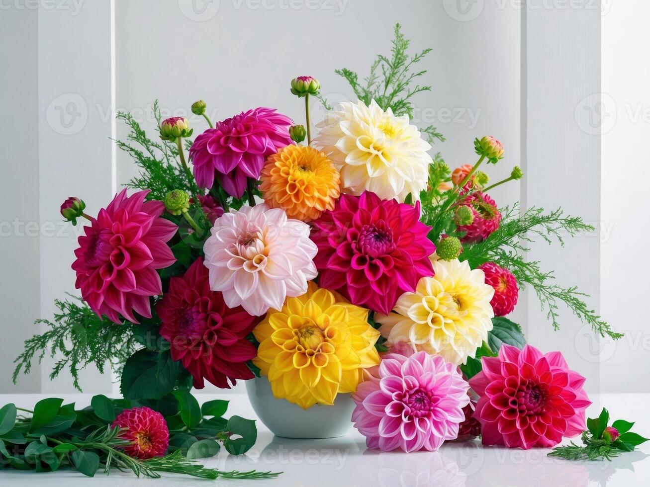 Colorful dahlia flowers in bloom for spring decoration photo