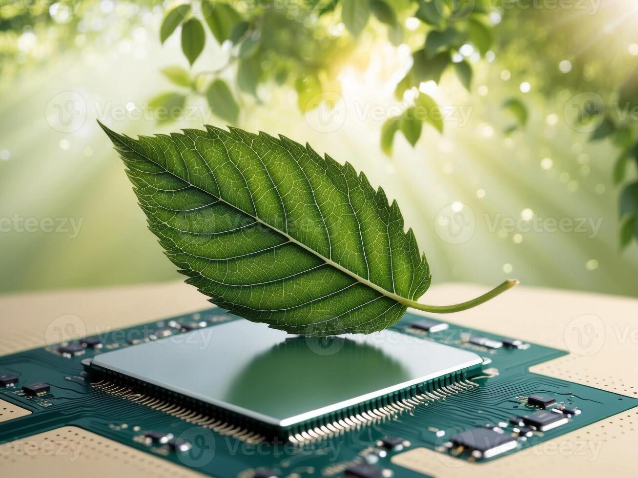 A Fresh Leaf Resting on a Circuit Board Symbolizing the Fusion of Nature and Technology with a Background of Soft Nature Light and Greenery photo