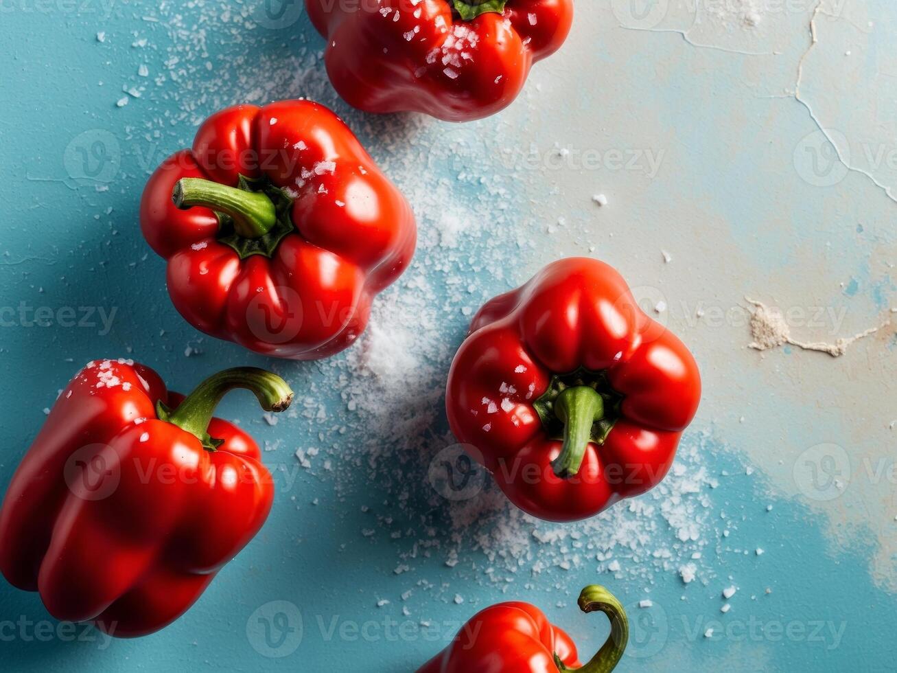 Closeup of vibrant red peppers with coarse salt crystals on a textured blue background photo