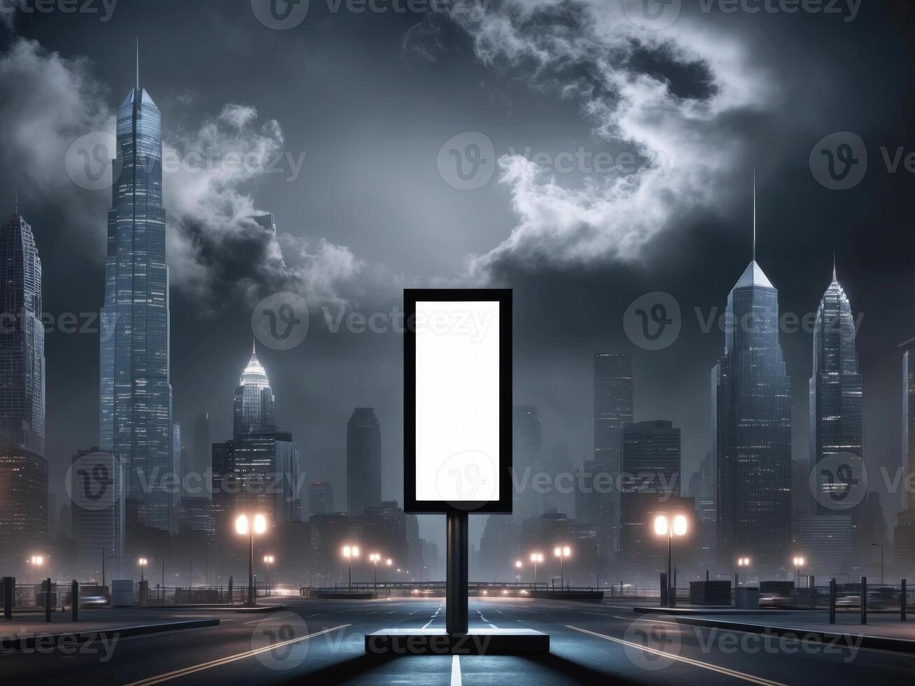 Empty billboard in urban setting at night surrounded by tall buildings and streetlights under a dramatic cloudy sky casting soft light photo