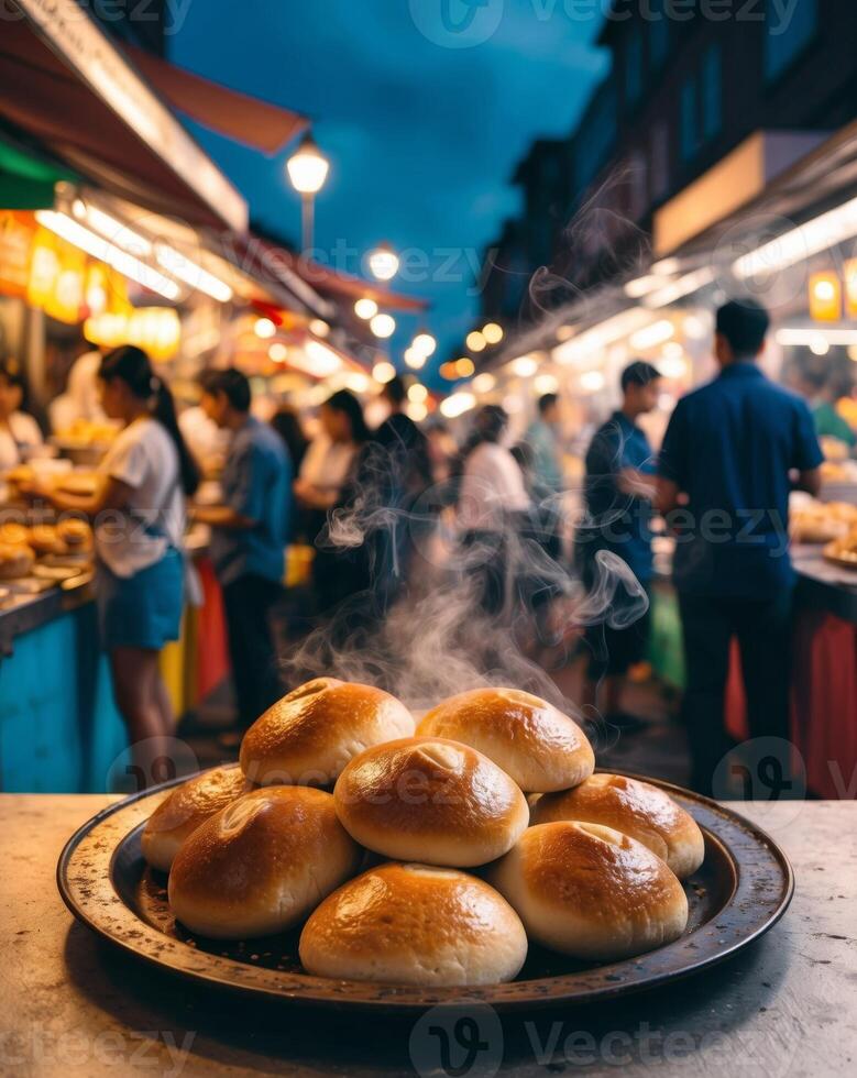 Deliciously Soft Steamed Breads Displayed on a Metal Platter at a Vibrant Street Food Stall During a Bustling Evening Market Scene photo