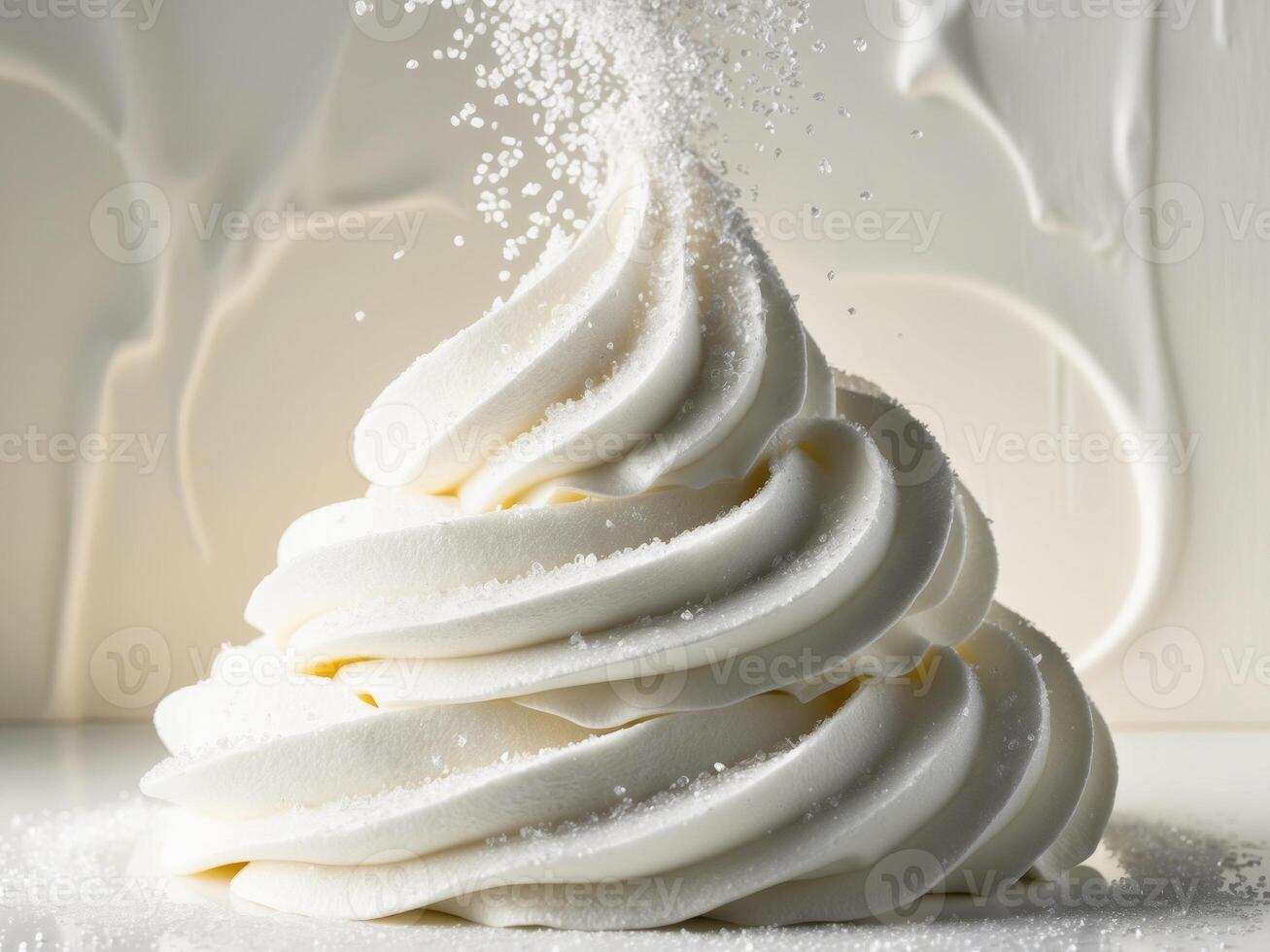 A white whipped cream is being sprinkled on top of a white background photo