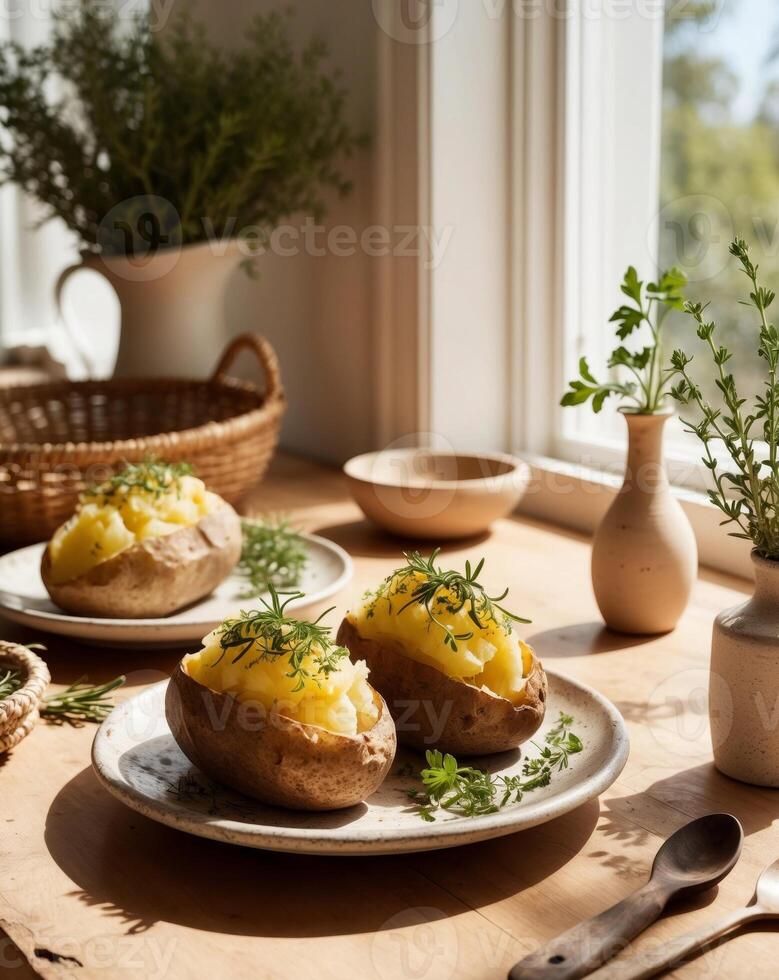 Two baked potatoes with herbs on a table photo