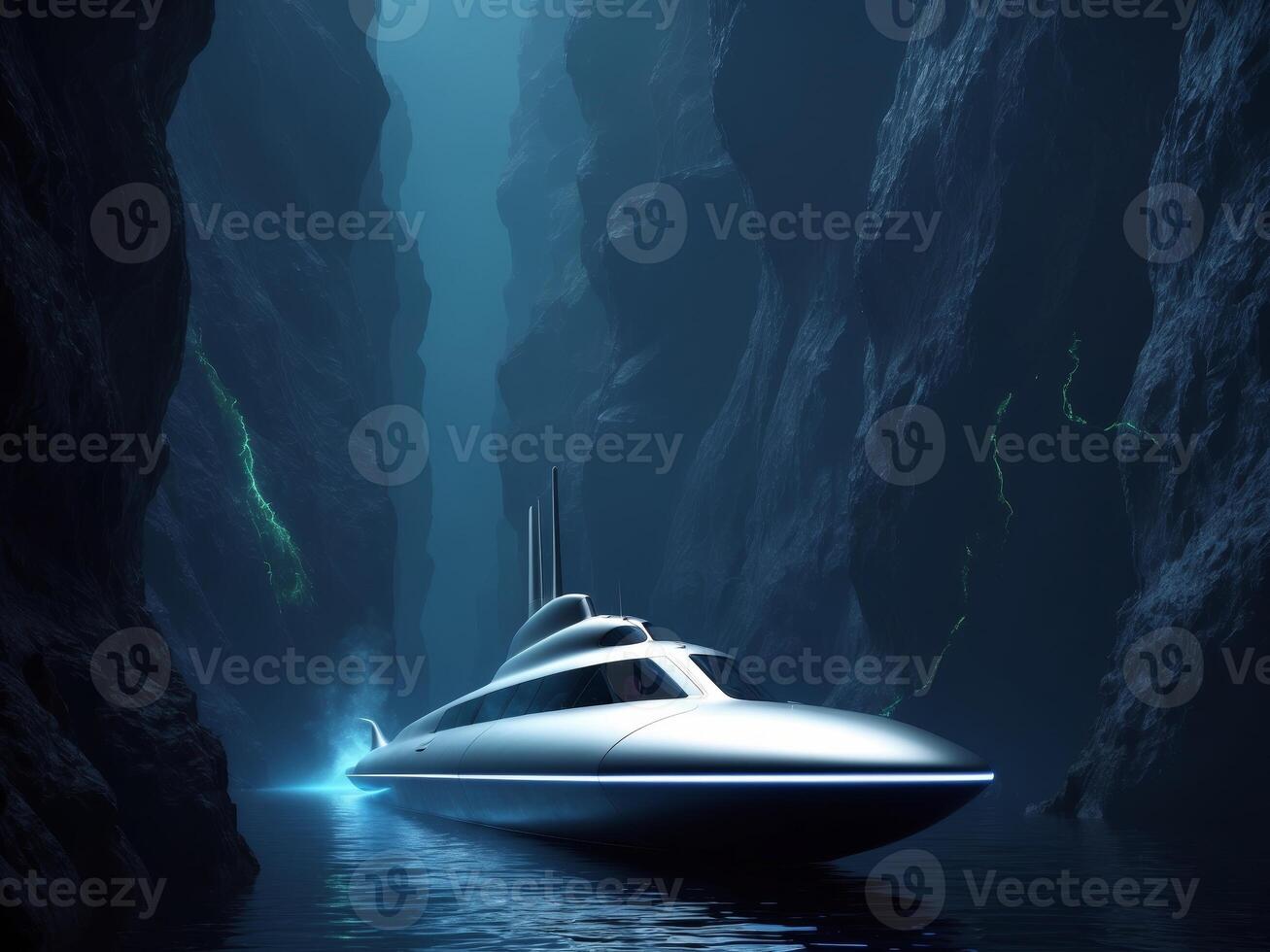 A futuristic boat in a cave with water and light photo