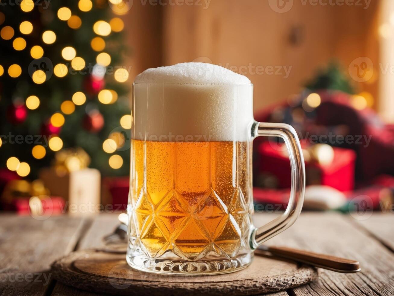 A beer mug with foam on a wooden table photo