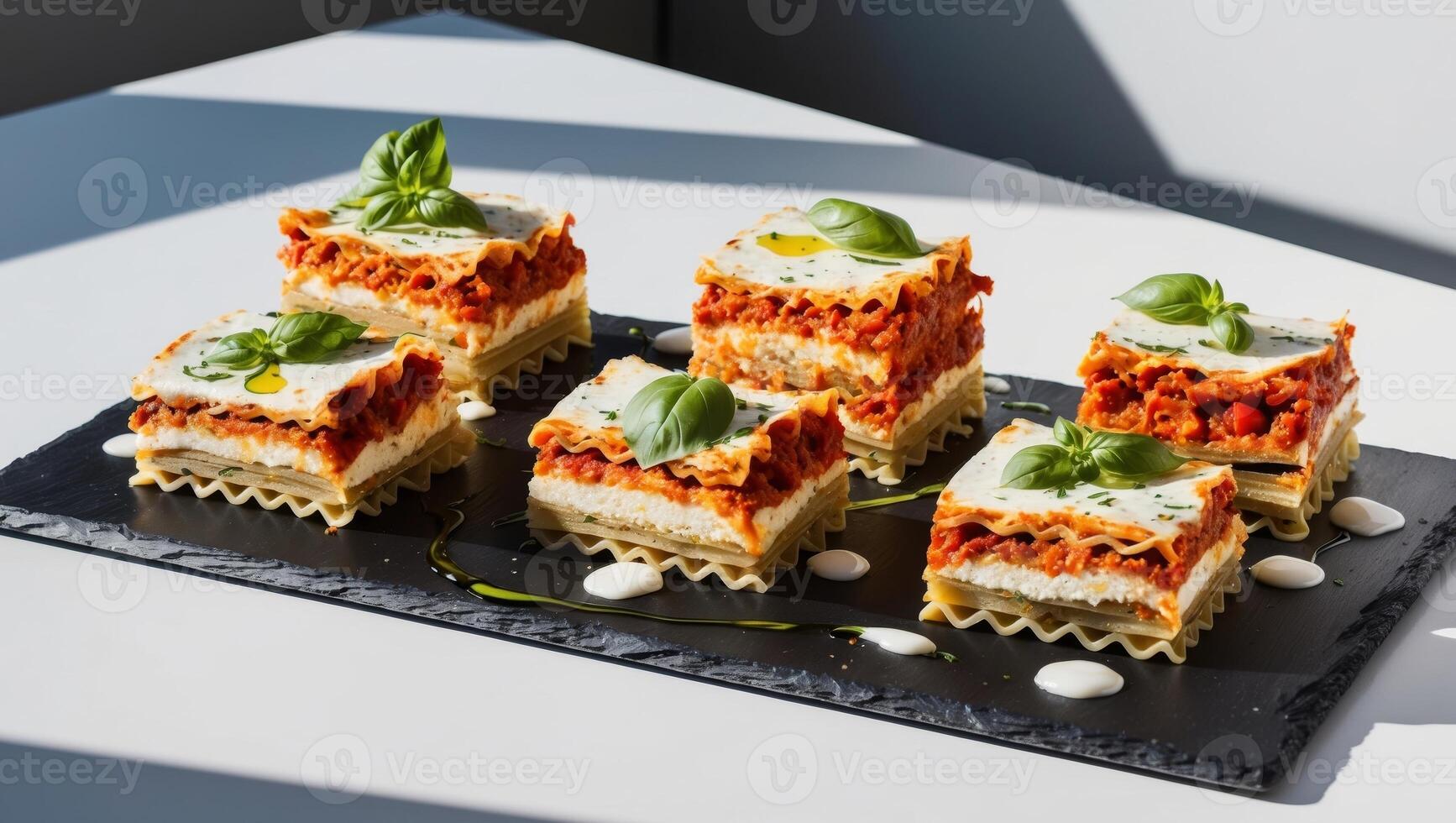 A plate of lasagna with basil and cheese photo