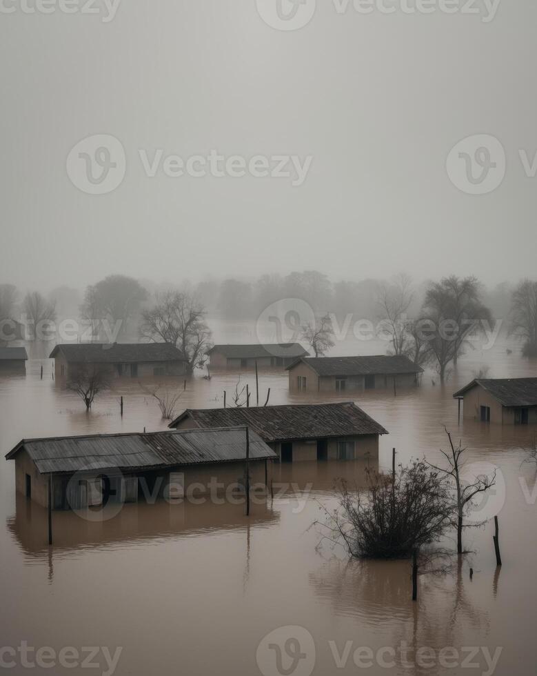 A flooded area with houses and trees photo