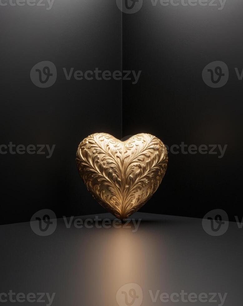 Golden heart on black background 3d illustration photo