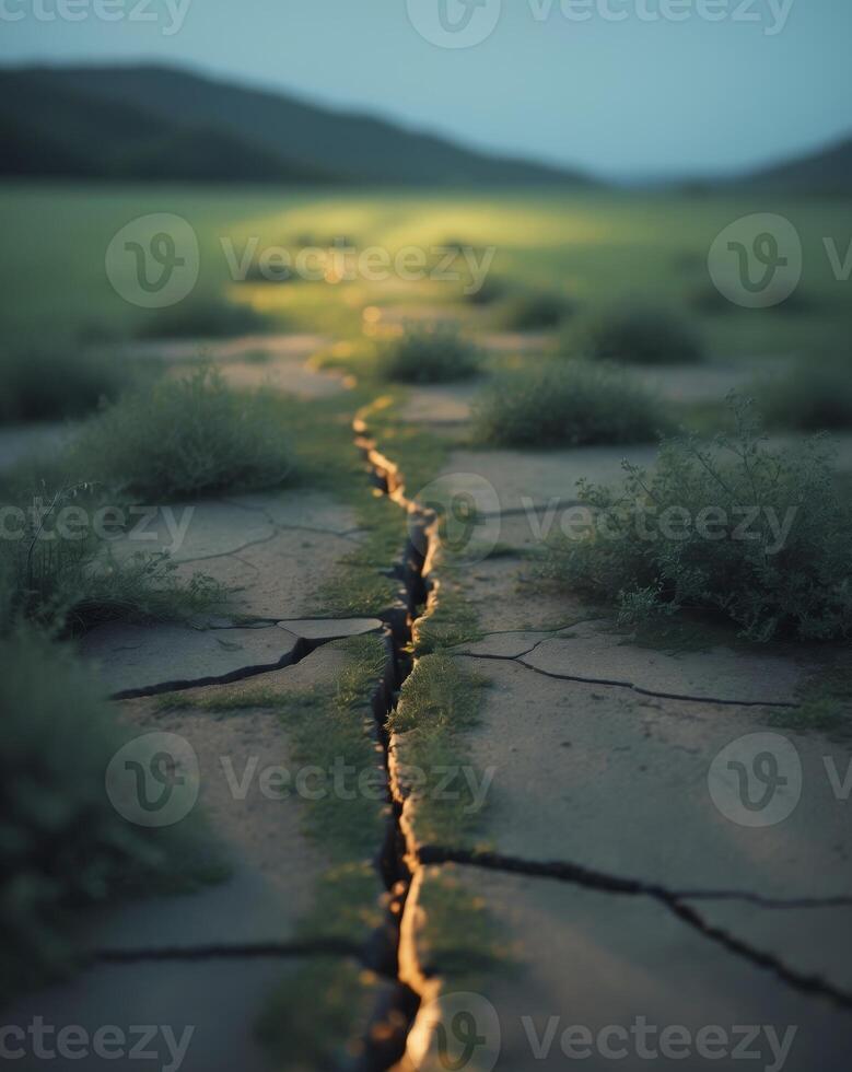 A crack in the ground with grass and trees photo