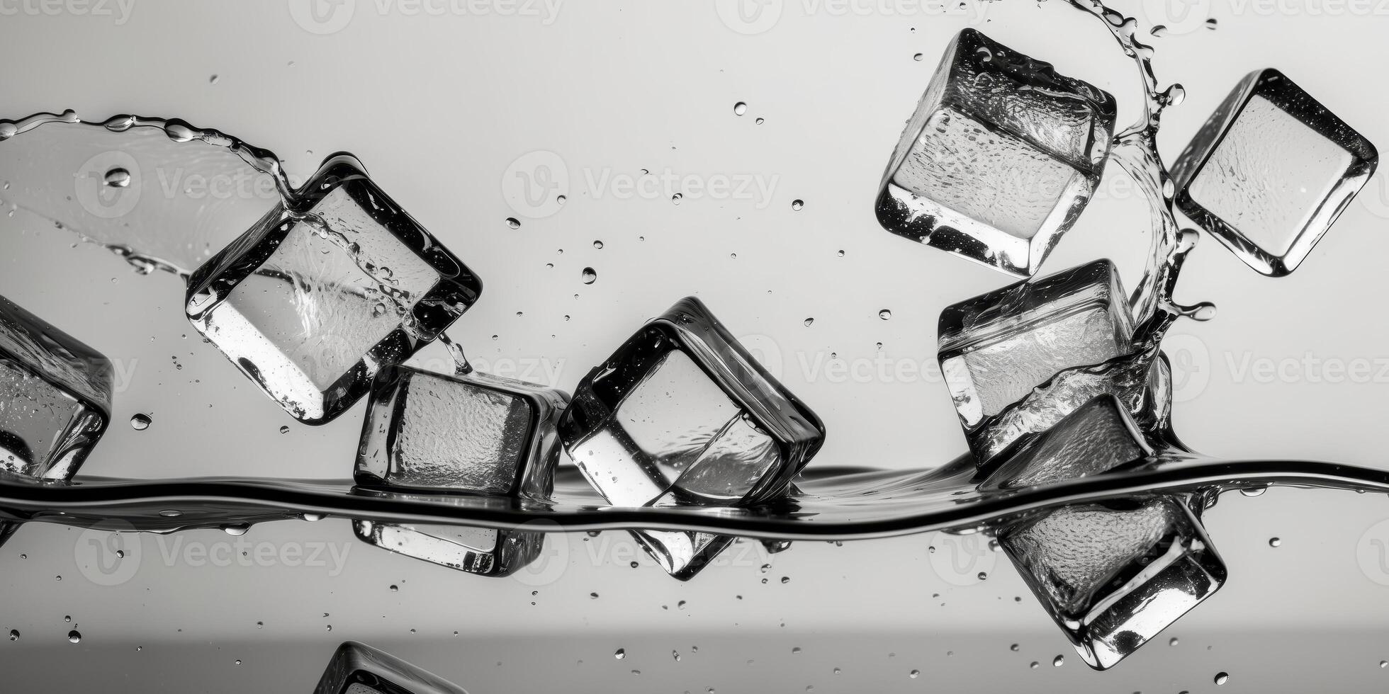 Black and white photo of cubes falling into water