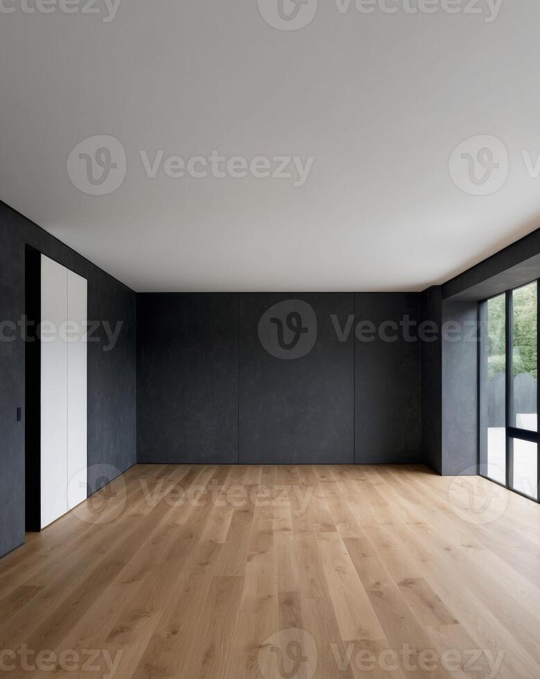 A room with black walls and wooden floors photo