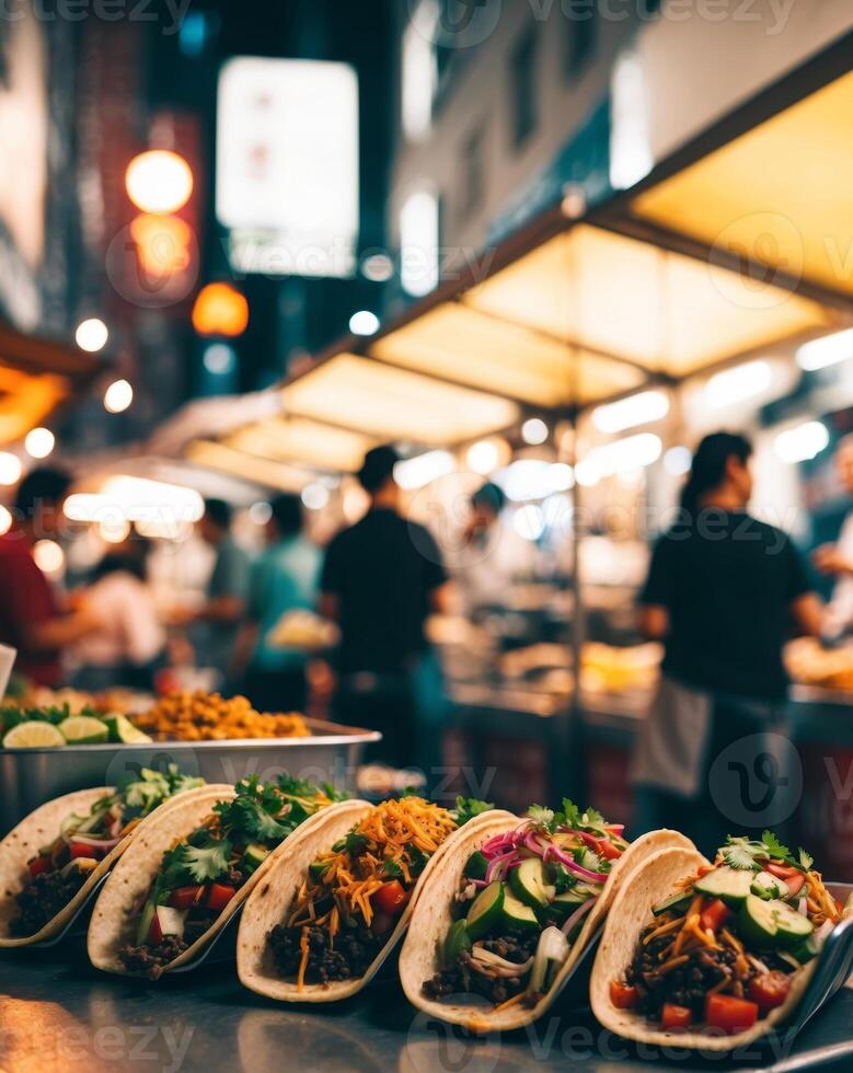 Vibrant Street Food Scene Featuring Delicious Tacos with Fresh Vegetables and Toppings at Night Market with Soft Glowing Lights and Urban Vibe photo