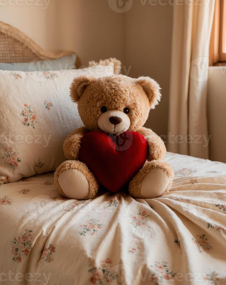 Cozy teddy bear holding a red heart sits on a floral bedspread in a sunlit room with warm decor photo