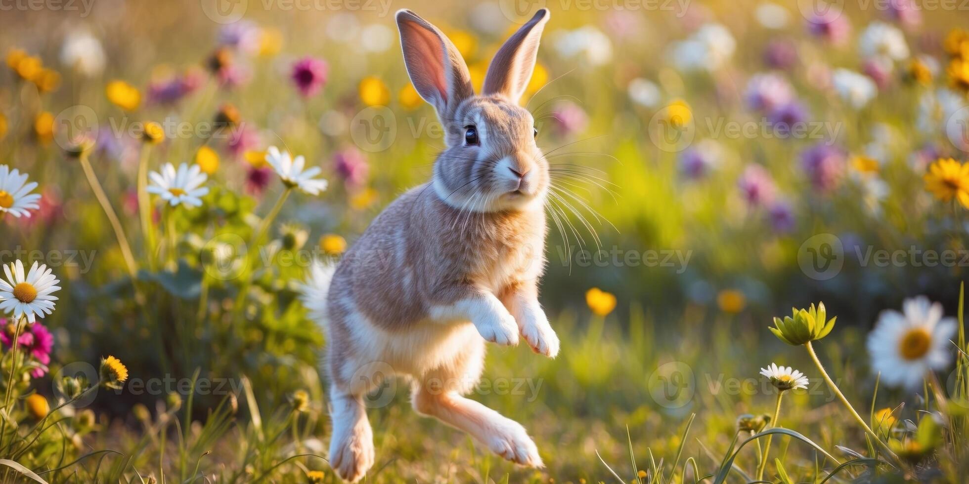 Joyful bunny hopping in a blooming meadow photo