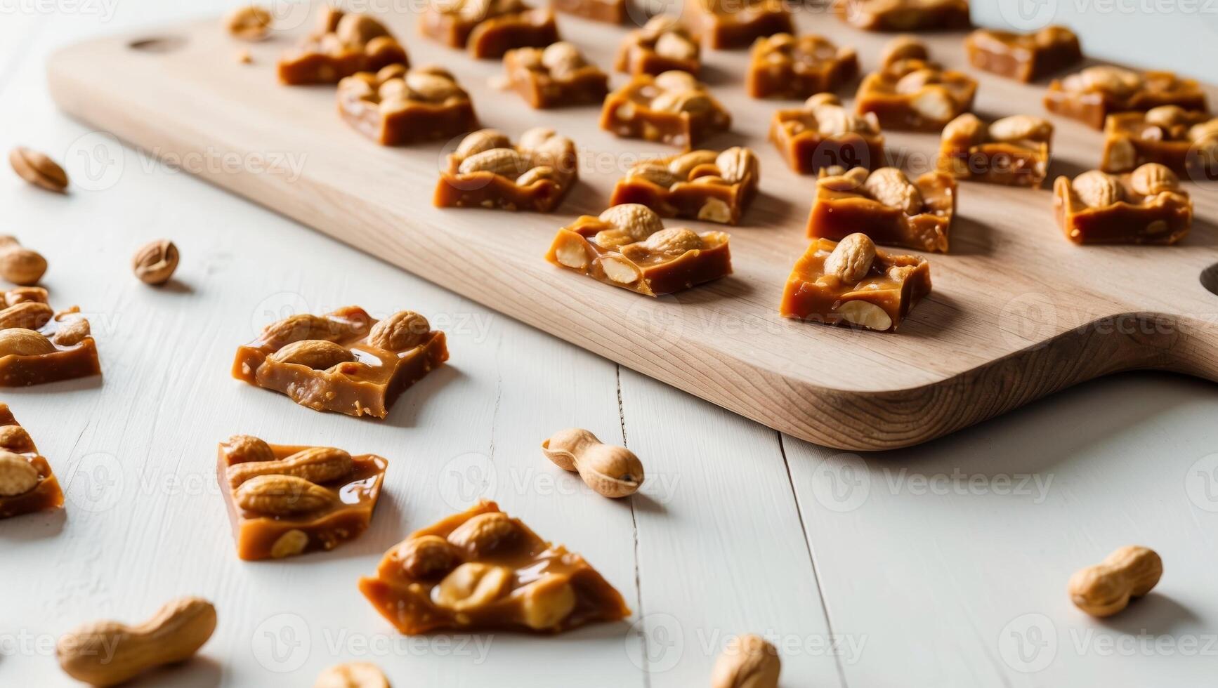 Peanut Brittle Pieces on Wooden Cutting Board photo