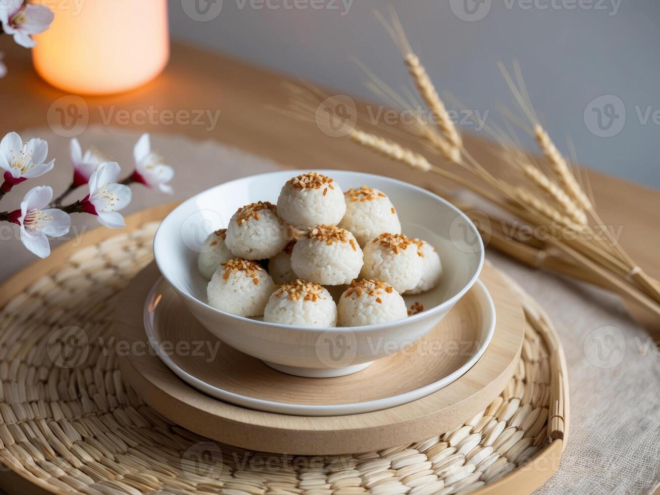 Celebrating lunar new year bowl of rice cakes with sesame seeds festive home setting cultural delight photo