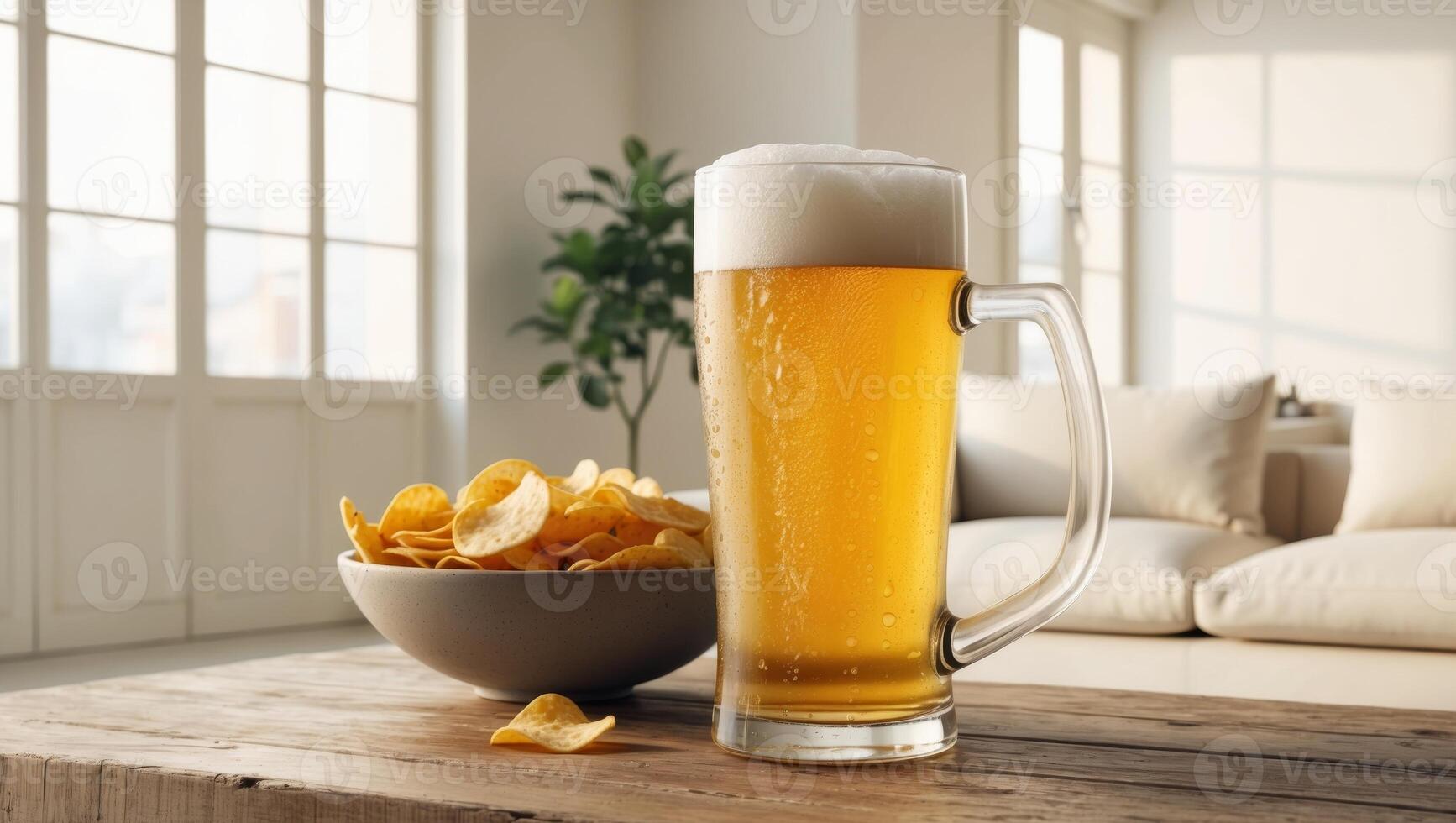 Refreshing glass of cold beer with snack chips on a relaxing day indoors photo