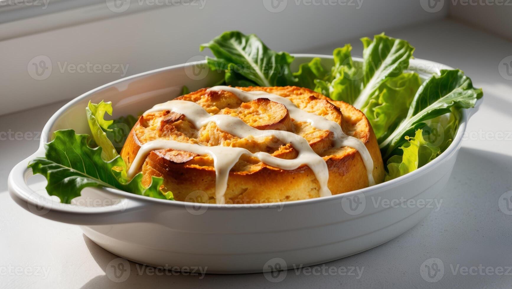Savory bread pudding in a dish combined with lettuce and sauce photo