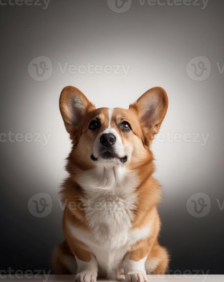 Thoughtful corgi dog gazing upwards in dramatic lighting photo