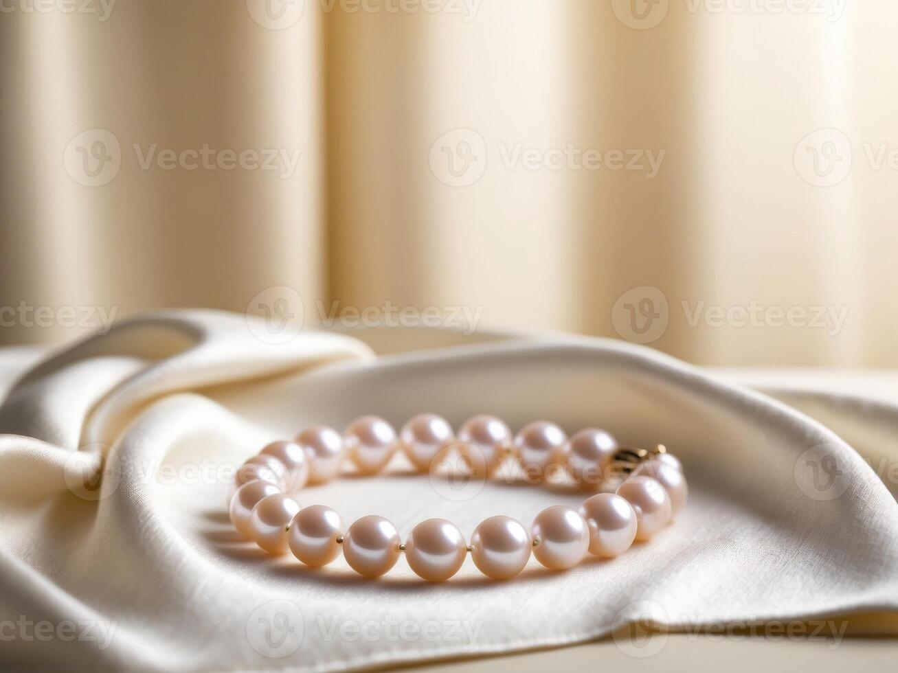 Elegant pearl necklace arranged on soft fabric with blurred background photo