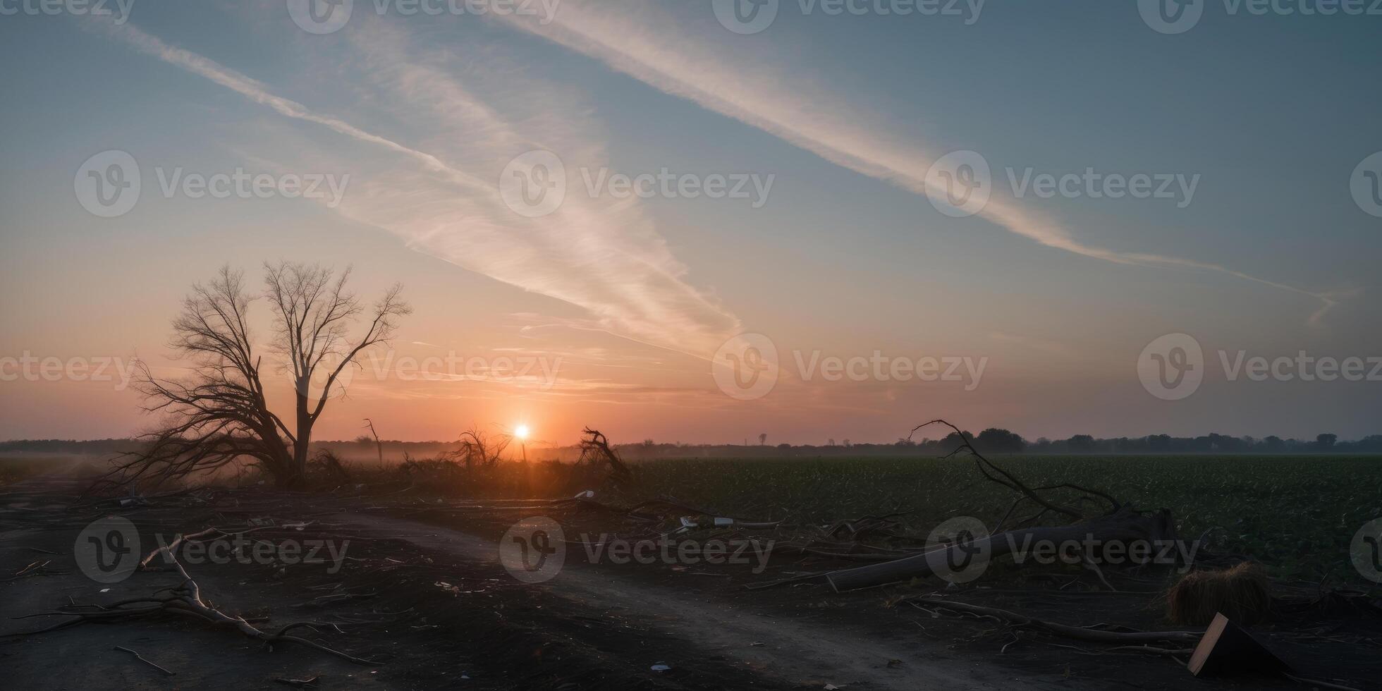 Tornado struck on agricultural fields at sunset photo