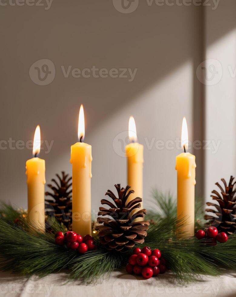 Warm Candlelight in a Festive Holiday Setting Adorned with Pine Cones and Berries photo