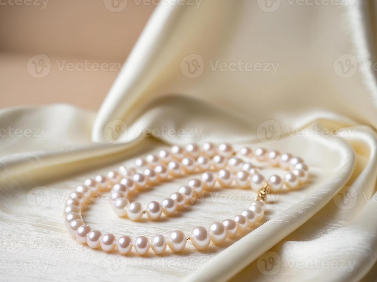 Elegant pearl necklace arranged on soft fabric with blurred background photo