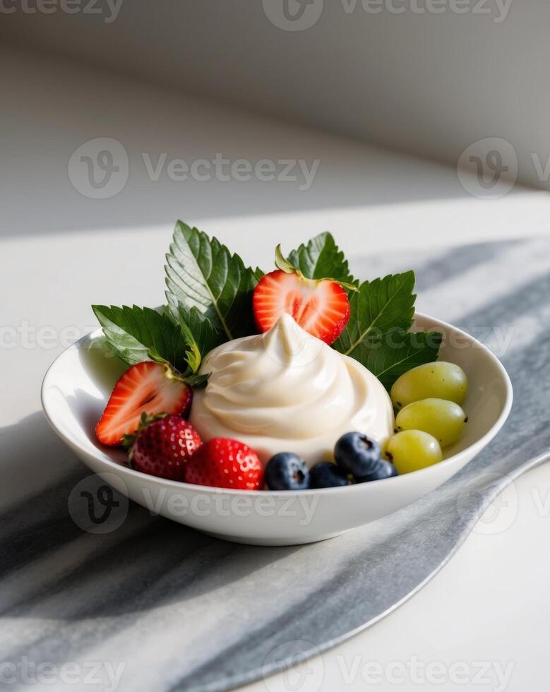 A bowl of yogurt with fruit and leaves on a marble surface photo