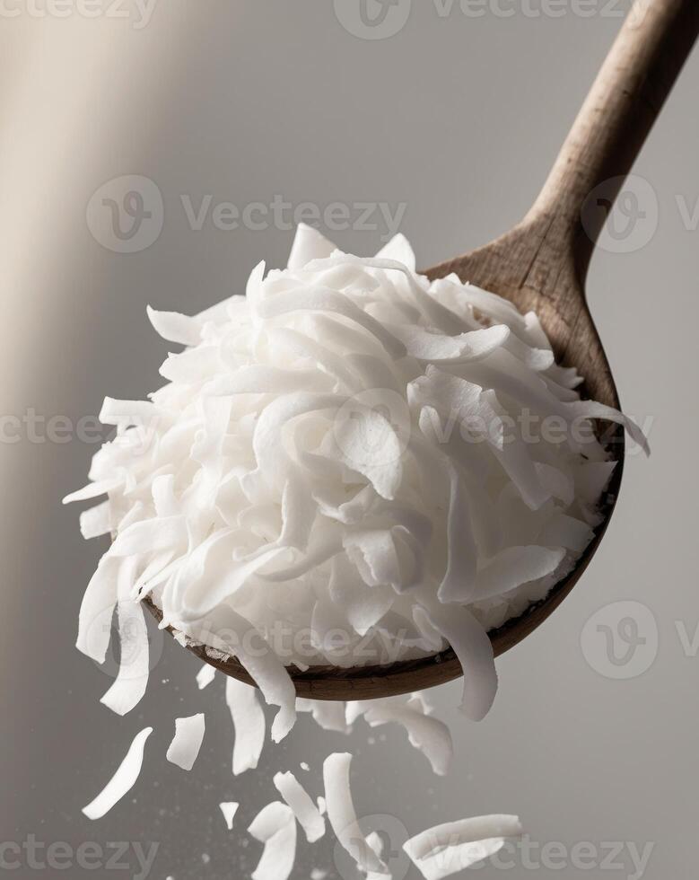 Coconut flakes in wooden spoon closeup view photo