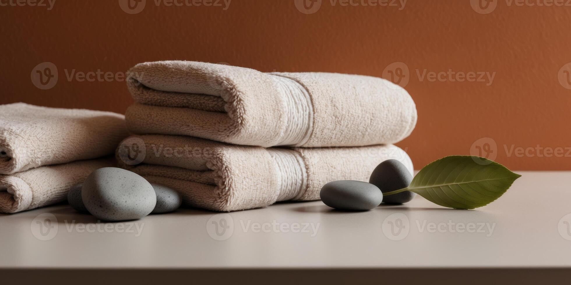 Soft Towels and Smooth Stones with Green Leaf on Orange Wall Background photo