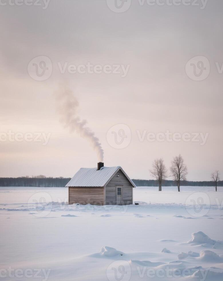 A small cabin is nestled in a snowy field photo