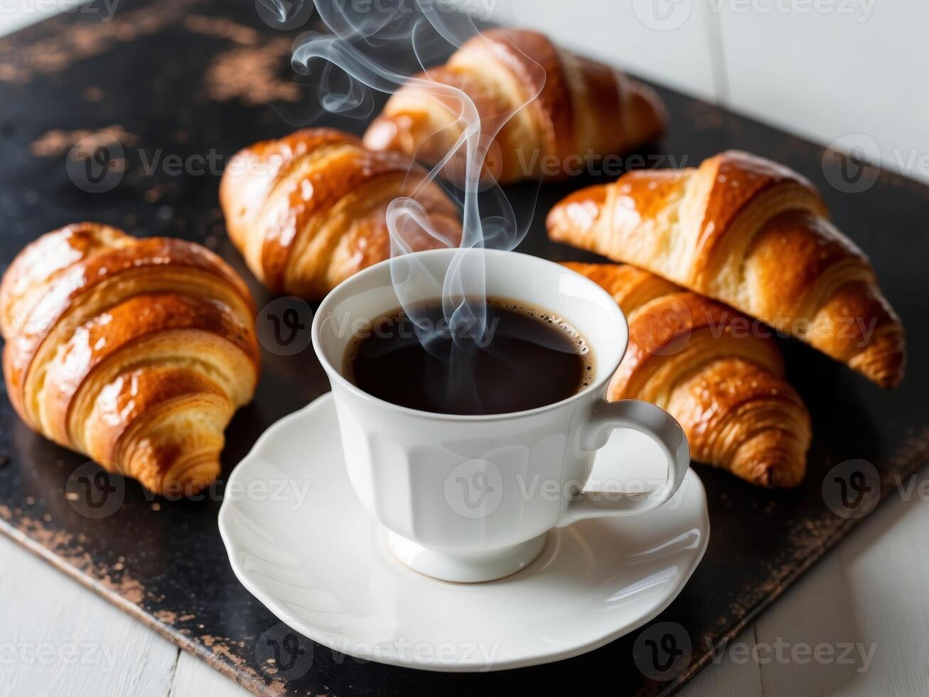 Coffee white cup croissants on dark retro background selective focus Breakfast concept photo