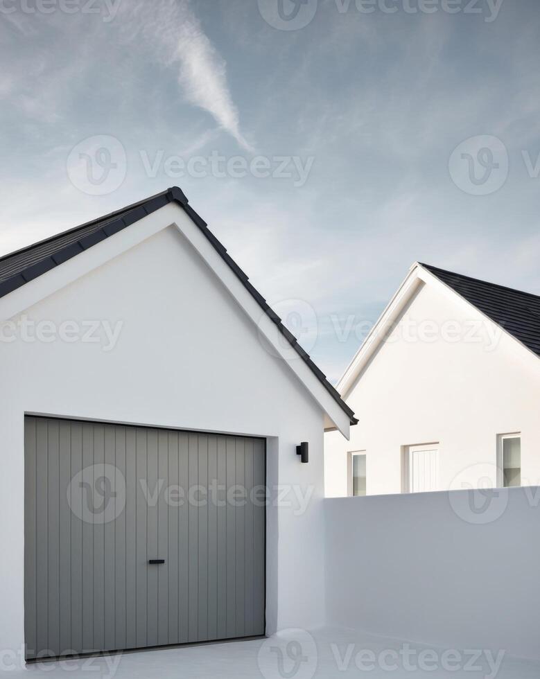 modern grey garage door on white house with gable roof photo