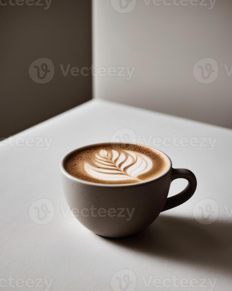 A cup of coffee with a leaf pattern on top photo