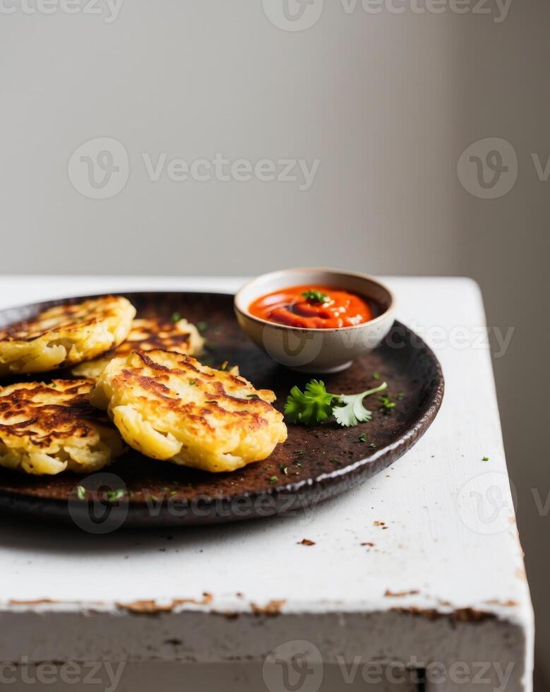 A plate with some potato pancakes and a bowl of sauce photo