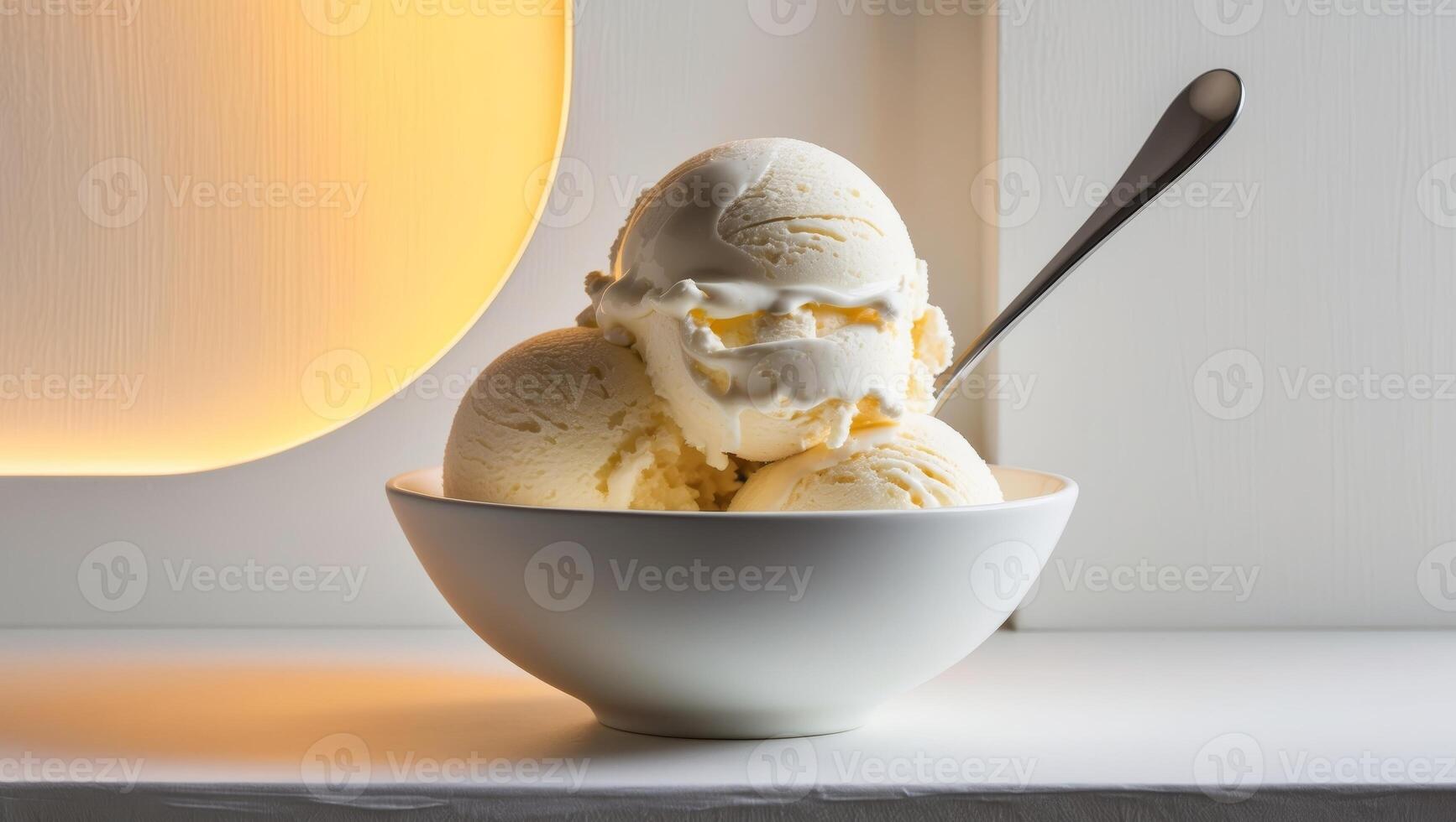 A bowl of ice cream with a spoon in it photo